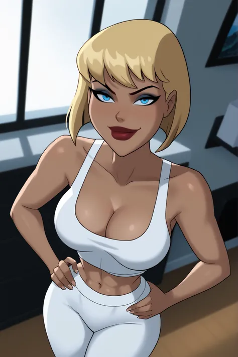 BREAK, score_6_up, score_7_up, score_8_up, score_9, g4l4t3a, 1girl, solo, short hair, bangs, blue eyes, blonde hair, lipstick, makeup, dark skin, dark-skinned female, large breasts, busty, cleavage, curvy, athletic, looking at viewer, seducing viewer, teas...