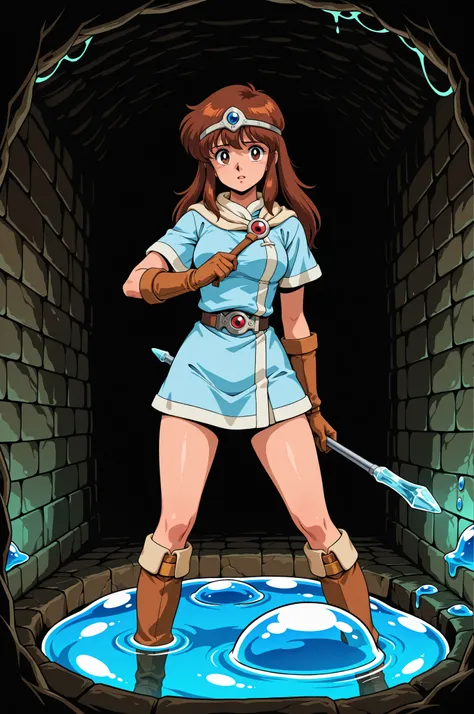 1girl, Ki from Tower of Druaga, long brown hair, brown eyes, wearing a short pale blue tunic, tan brown glove, belt, very brown hide boots, silver circlet, holding a small rod with a blue crystal tip, anxious expression, inside a slime filled sewer dungeon...