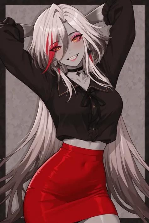 A stylized cartoon vaggie character stands out with a confident and playful posture, with an attractive design. O personagem tem um, flowing hair with gray gradients, adding a sense of movement and volume. A large red 'X' covers the right eye, contrasting ...