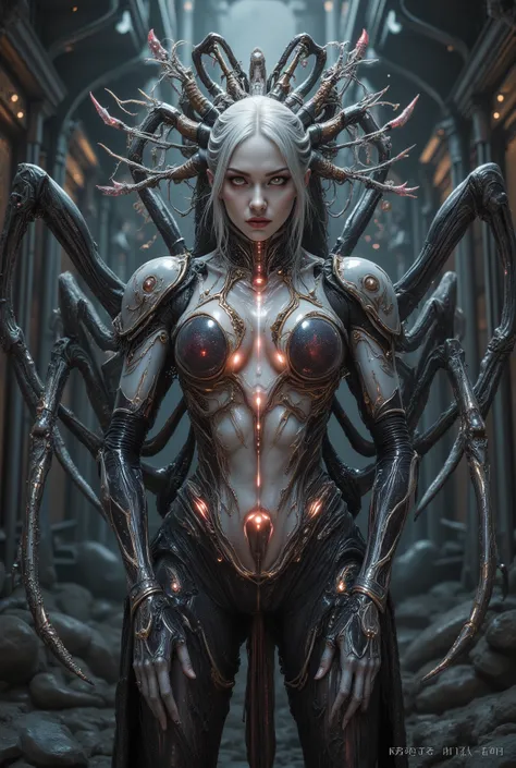 "realistic spider queen, female humanoid upper body fused with monstrous spider legs, dark chitin armor, bioluminescent red eyes, multiple eyes on forehead, pearl white and golden and crimson tones, highly detailed organic textures, sinister expression, fa...