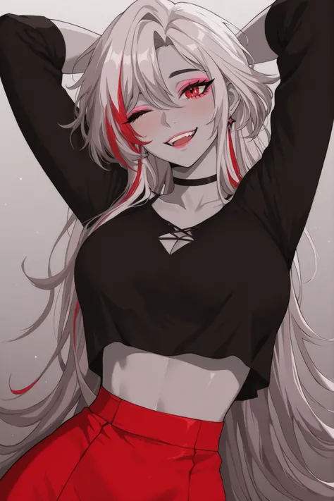 A stylized cartoon vaggie character stands out with a confident and playful posture, with an attractive design. O personagem tem um, flowing hair with gray gradients, adding a sense of movement and volume. A large red 'X' covers the right eye, contrasting ...