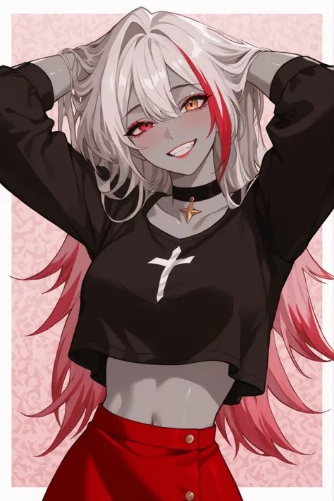 A stylized cartoon vaggie character stands out with a confident and playful posture, with an attractive design. O personagem tem um, flowing hair with gray gradients, adding a sense of movement and volume. A large red 'X' covers the right eye, contrasting ...