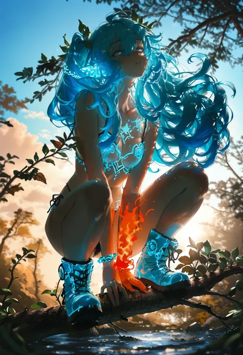 A girl,Wood Nymph,Druid,mini thong of tree leaves, clear sky,Game of Light ,on top of a,sitting on a branch,natural landscape,clouds,Straight arm,crooked wrist,inclined,crouching,Strange dance,neon red boots,boots of fire,deep brown branches,tree,Neon blue...