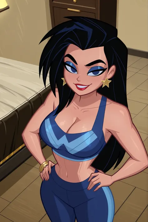 BREAK, score_6_up, score_9, score_8_up, score_7_up, ultra quality, solo, 1girl, wonderwomanjla, long hair, black hair, bare shoulders, jewelry, earrings, busty, blue sports bra, blue jogging pants, makeup, lipstick, star earrings, looking at viewer, seduci...