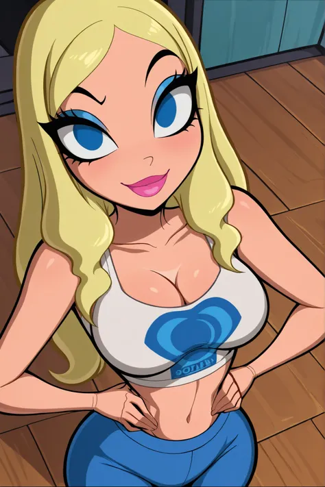 BREAK, score_6_up, score_7_up, score_8_up, score_9, masterpiece, best quality, amazing quality, SGJLA, 1girl, solo, blonde hair, blue eyes, pink lipstick, long hair, makeup, large breasts, busty, cleavage, curvy, athletic, looking at viewer, seducing viewe...