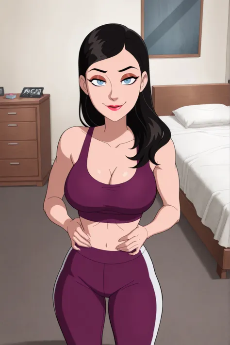 BREAK, score_6_up, score_7_up, score_8_up, score_9, 1girl, solo, loislane, black hair, long hair, makeup, lipstick, blue eyes, large breasts, cleavage, curvy, athletic, looking at viewer, seducing viewer, teasing viewer, smiling, closed mouth, seductive ex...