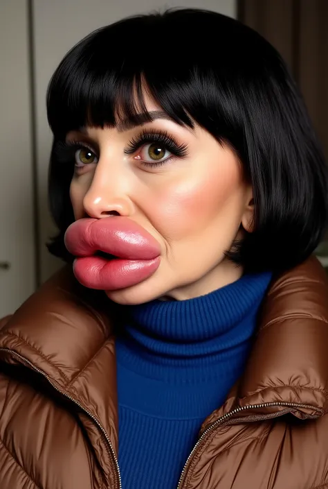 Ultra realistic side view portrait of a mature Italian woman in her 60s, looking very posh and overdone, with very short black hair styled with bangs, a small Italian nose, and exaggerated cosmetic enhancements. Her lips are extremely full, round, and glos...