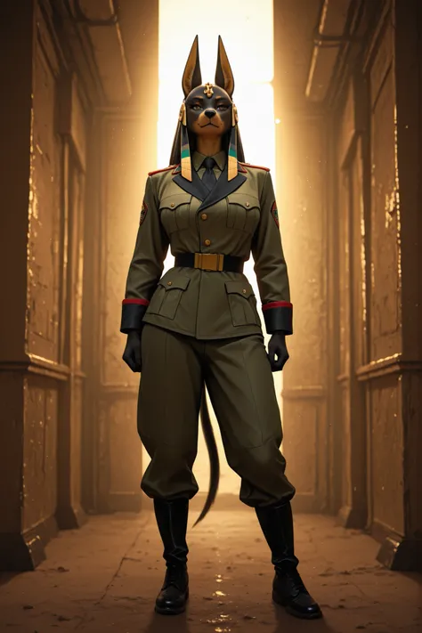 anime, black outline, furry, anthro, sexy girl, Anubis, jackal girl, standing in an military uniform, detailed anime-style anthro jackal girl with black fur, Anubis-like facial features and military uniform, full body, standing pose, highly detailed, 8K, c...