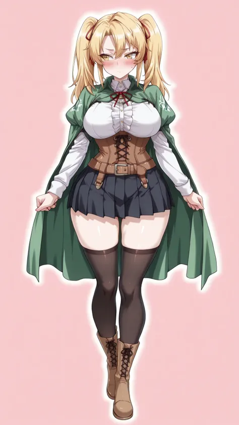  (dark,pink light:1.2),,simple_background,twintails, ribbon, red ribbon,green cape, pleated skirt, belt, underbust, puffy sleeves, black thighhighs,,,(short girl,curvy),,(full body:1.3),(blush body),magetano\(thecurseofkubel)\, blonde hair,long hair, large...