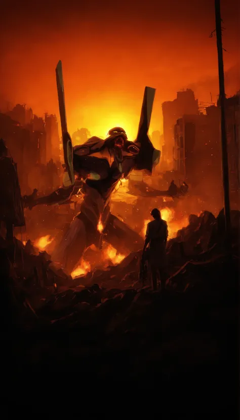 giant robotic humanoid (eva 01) standing with an open mouth among the trees of a valley, with an open mouth showing intricate and detailed teeth and tongue,with arms tight and in the face of effort,cries to the sky, Purple armor with bright green refle...