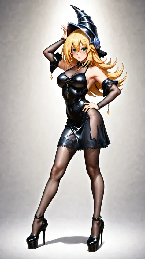Dark Magician Girl wearing short Gothic modern clothing and platform pumps. With chains. With nothing on her head neither her hair. Pose sensual. Vestido negro gótico. Cabello negro y labios negros. Rubor negrom ella es gótico 