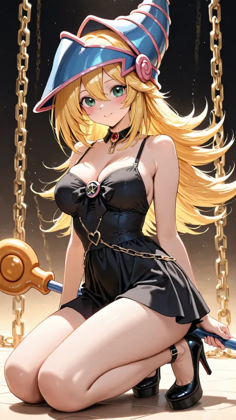 Dark Magician Girl wearing short Gothic modern clothing and platform pumps. With chains. With nothing on her head neither her hair.