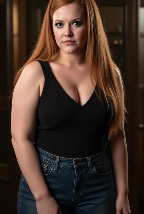 Photoreal portrait of a stout, curvy authoritarian woman, long smooth strawberry-blonde hair styled in a deep side part. The hair is sleek and straight, with one side tucked behind the ear and the majority of the length swept over one shoulder. The front s...