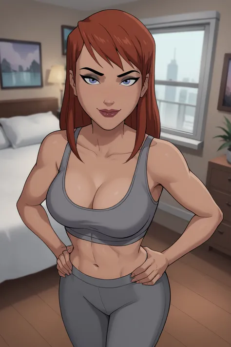 BREAK, score_6_up, score_9_up, score_8_up, score_7_up, 1girl, solo, barbara gordon, ginger hair, long hair, blue eyes, lipstick, makeup, large breasts, cleavage, curvy, athletic, busty, gray sports bra, gray jogging pants, looking at viewer, seducing viewe...