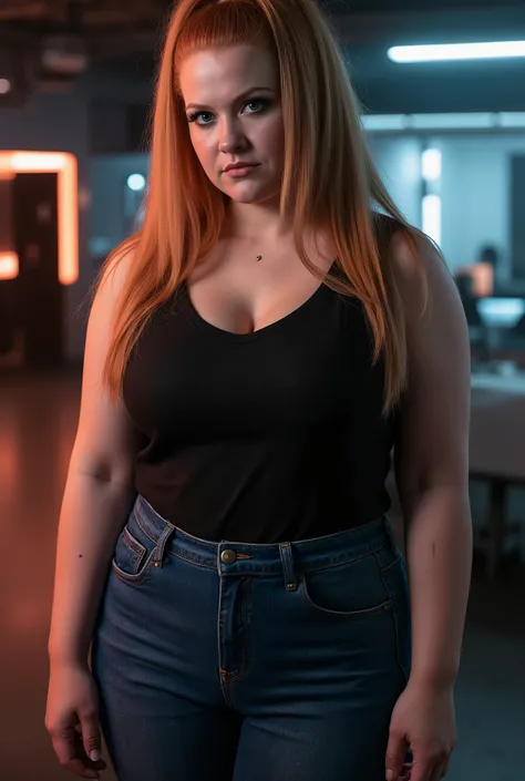 Hyper-realistic portrait of a formidable, curvy disciplinarian with an aura of absolute control. Her strawberry-blonde hair falls in a perfect straight curtain past her chest, styled in a deep side part with one section tucked behind her ear to fully revea...