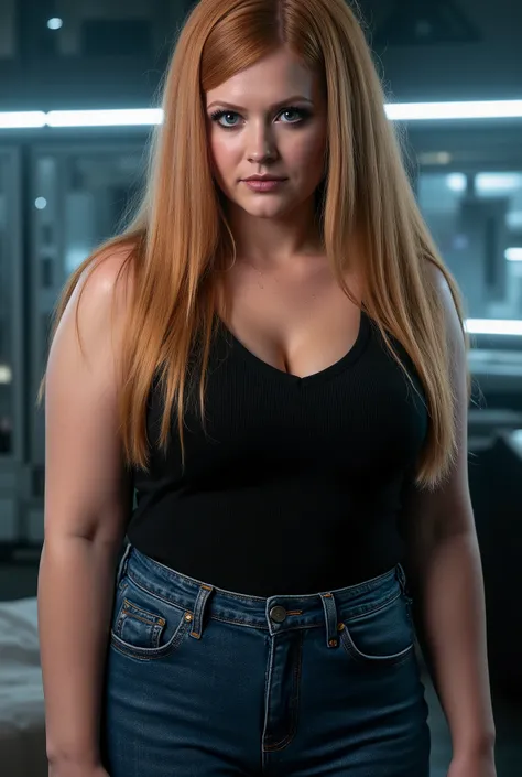 Photoreal portrait of an intensely dominant woman with an imposing presence, her curvy figure exuding raw authority. Long straight strawberry-blonde hair styled in a severe deep side part, glossy and immaculate as it cascades past her chest with military p...