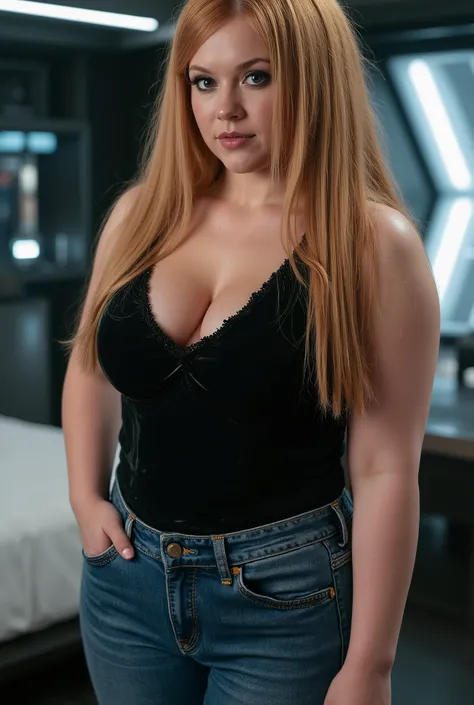 Photoreal portrait of an extraordinarily superior woman with an overwhelmingly dominant presence, her curvy figure embodying absolute command and authority. Long straight strawberry-blonde hair styled in a precise deep side part, falling like liquid silk p...