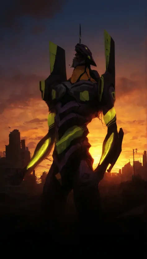 giant robotic humanoid (eva 01) Standing with his mouth open between the buildings in Tokyo, with an open mouth showing intricate and detailed teeth and tongue,with arms tight and in the face of effort,cries to the sky, Purple armor with bright green r...