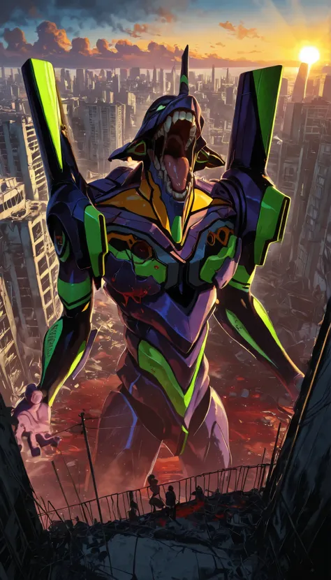 giant robotic humanoid (eva 01) Standing with his mouth open between the buildings in Tokyo, with an open mouth showing intricate and detailed teeth and tongue,with arms tight and in the face of effort,cries to the sky, Purple armor with bright green r...