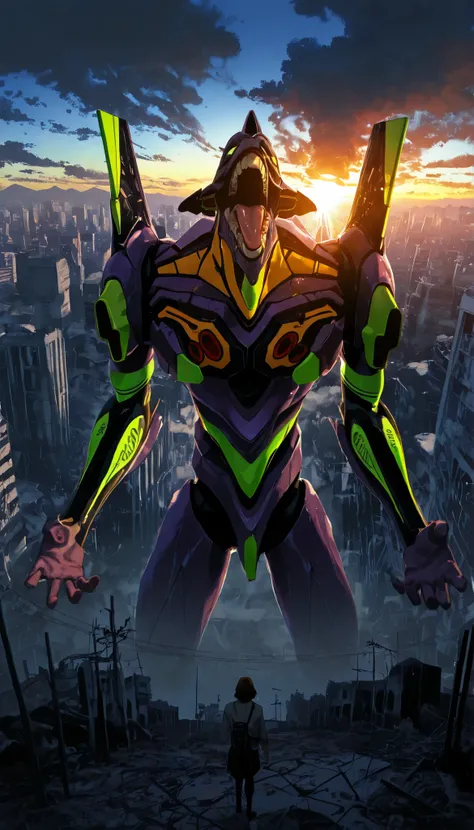 giant robotic humanoid (eva 01) Standing with his mouth open between the buildings in Tokyo, with an open mouth showing intricate and detailed teeth and tongue,with arms tight and in the face of effort,cries to the sky, Purple armor with bright green r...