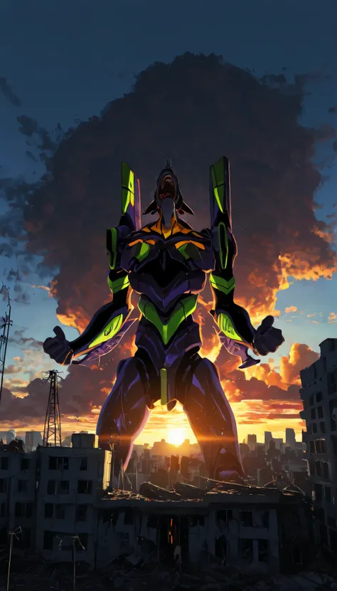 giant robotic humanoid (eva 01) Standing with his mouth open between the buildings in Tokyo, with an open mouth showing intricate and detailed teeth and tongue,with arms tight and in the face of effort,cries to the sky, Purple armor with bright green r...