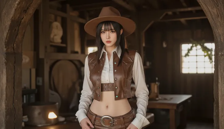 A realistic-looking young woman with straight black hair and striking eyes, Tifa from Final Fantasy 7 is a woman Japanese,  her breasts are huge , Dressed as a modern cowgirl. She wears an elegant brown leather hat, a detailed vest with leather trim, and a...