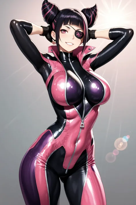 1 beautiful girl, (standing grinning), anime style, (big boobs), Fashion Model Body Type, (black hair pink hair, streaked hair, hair horns, pink eyes, hair ornament, outfitbdst, eyepatch, multicolored bodysuit, black bodysuit, purple bodysuit, fingerless g...