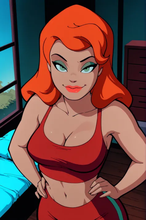 BREAK, score_6_up, score_7_up, score_8_up, score_9, Pamela Isley, 1girl, solo, orange hair, green eyes, lipstick, makeup, large breasts, cleavage, curvy, athletic, busty, masterpiece, best quality, newest, absurdres, ultra highres, amazing quality, very ae...