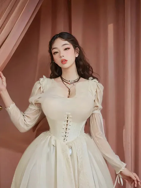 ,almond eyes,   full lips, large and voluptuous breasts . flirtatious look, big breasts, natural breasts, curly hair, deva cassel, victorian dress, corset