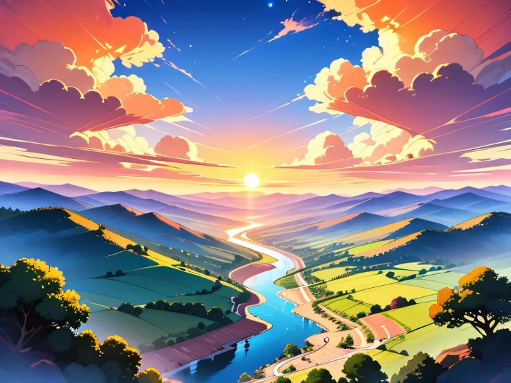 A breathtaking vista of emerald hills bathed in warm sunset hues. Fluffy clouds dot the azure sky. Two meandering rivers weave through the valley like silver ribbons.