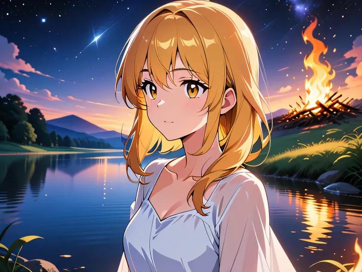 A lone woman in a white linen dress gazes at a star-studded sky reflected on a calm lake. A bonfire crackles nearby casting warm light across her face. Romantic, golden hour light, soft focus on background stars.