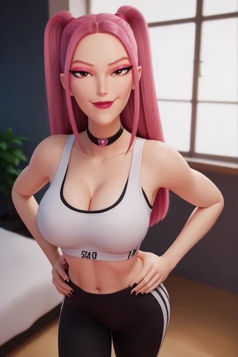BREAK, score_6_up, score_7_up, score_8_up, score_9, 1girl, solo, kpdh_m1ra, long hair, dark pink hair, brown eyes, twintails, black choker, lipstick, makeup, official KPop Demon Hunters aesthetic, large breasts, busty, cleavage, curvy, athletic, looking at...