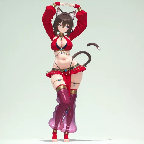 (1girl, solo, cat girl, dark brown hair, medium hair, hair between eyes, blue eyes, cleavage, midriff, navel, sagging belly, wide hips, thick hips, harem outfit, genie, long sleeves, simple top, thong, short skirt, long pelvic curtain, high thigh socks, to...