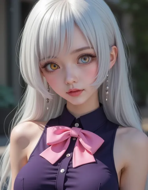 close up (hyperrealistic) by Elizabeth Liones,((white hair)),ultra-detailed eyes with ((heterochromia)) yellow gold and blue,emphasized bust,her outfit is a tight sleeveless dark purple shirt with its back exposed with white buttons,Wear a (pink bow tie),H...