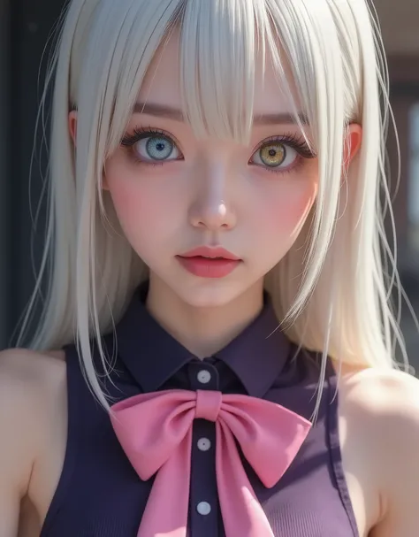 close up (hyperrealistic) by Elizabeth Liones,((white hair)),ultra-detailed eyes with ((heterochromia)) yellow gold and blue,emphasized bust,her outfit is a tight sleeveless dark purple shirt with its back exposed with white buttons,Wear a (pink bow tie),H...