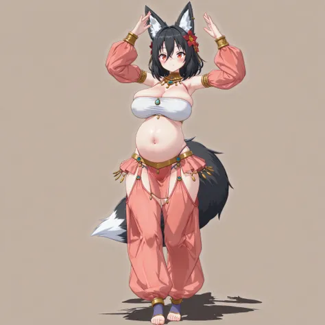 (1girl, solo, fox girl, fluffy tail, black hair, medium hair, hair between eyes, hair flower, red eyes, cleavage, medium sagging breasts, midriff, navel, big belly, wide hips, harem genie outfit, long sleeves, bandeau top, tiny panties, pelvic curtain, min...