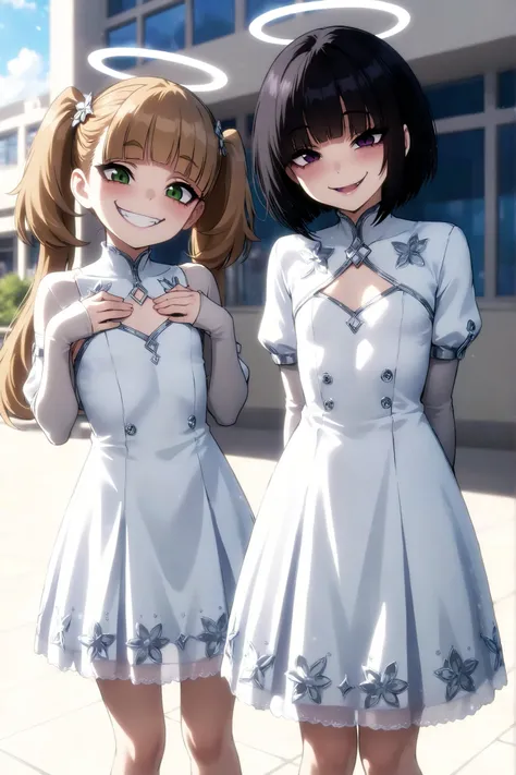 Two little bully girls are standing closely together, dressed in the same beautiful white dresses with tight sleeves and knee-lenght skirts. Flat chest. Evil smile. Halo above their heads. Intricate floral silver ornament is covering their clothes, and the...