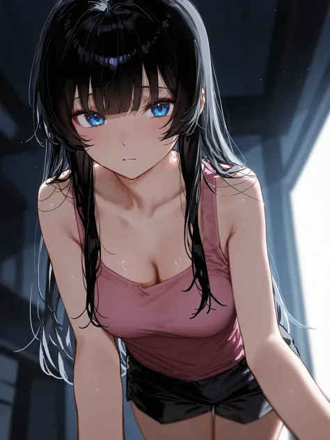  high resolution image , masterpiece, top quality, great quality, absurdres,ultra detailed,8K,volumetric lighting, depth of field, 1girl, long hair, straight bangs, black hair, blue eyes, medium breasts, pink tank top, balck boy shorts