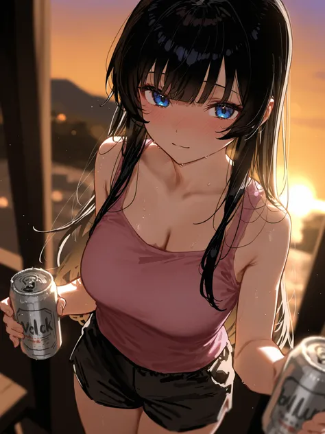  high resolution image , masterpiece, top quality, great quality, absurdres,ultra detailed,8K,volumetric lighting, depth of field, 1girl, long hair, straight bangs, black hair, blue eyes, medium breasts, pink tank top, balck boy shorts, holding beer can, s...