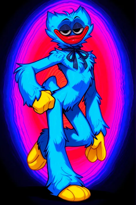 solo, 1boy, male, huggy_wuggy, blue fur, yellow hands, yellow feet, handfeet, lanky, red lips, black eyes, very large eyes, half-closed eyes, eye bags, fluffy body fur, fluffy, broad shoulders, blue body, narrow waist, long arms, chest tuft, shoulder tuft,...