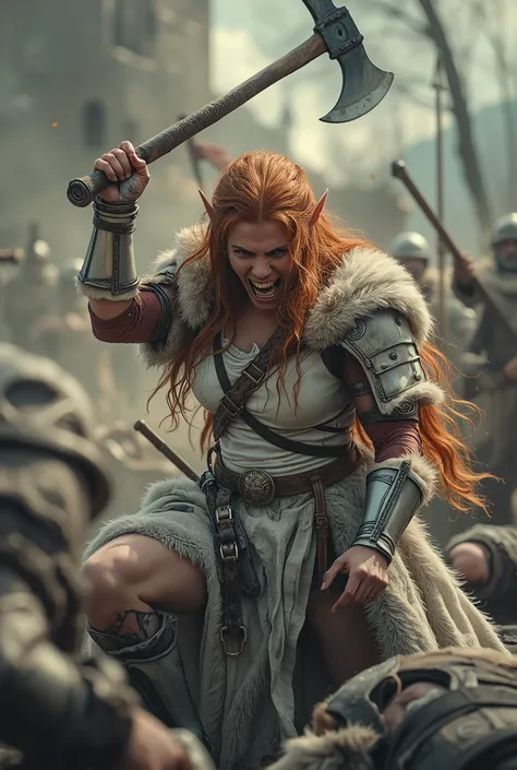 close up,realistic photo, в центре кадра эльфийская девушка-Barbarian(fantasy,farvar warrior with a large two-handed ax),(elf girl (Tolkien) redhead,white leather,bodybuilder's muscular body,ожеды Barbarianа из шкуры медведя и метеоритного железа,in her ha...