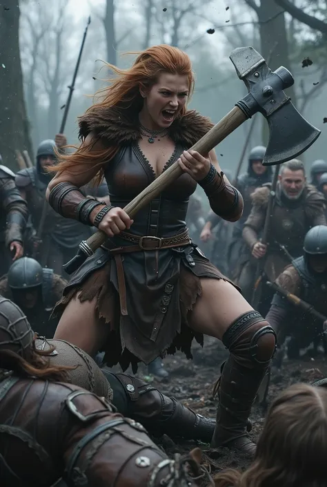 close up,realistic photo, в центре кадра эльфийская девушка-Barbarian(fantasy,farvar warrior with a large two-handed ax),(elf girl (Tolkien) redhead,white leather,bodybuilder's muscular body,(на ней одежды  и доспехи Barbarianа из шкуры бурого медведя и ме...