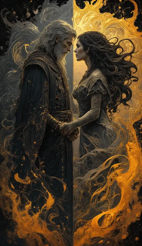 ( one male)A male wizard and (one female) witch. Wizard is 40, beardless, silver haired and handsome with aquiline features with a slender muscular frame dressed in impeccable style with dark coat, vest and leggings. The witch is short, beautiful with ligh...