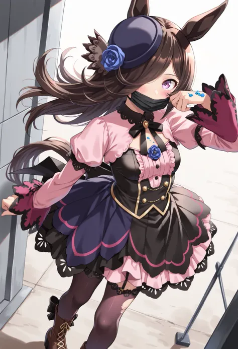 (masterpiece, best quality, perfect face:1.4), wide angle, Rice shower \(umamusume\), brown hair, long hair, purple eyes, bangs, long bangs, long hair, small breasts, hair covering right eye, horse tail, horse ears, ear ornament, (hat), tail on the lower b...