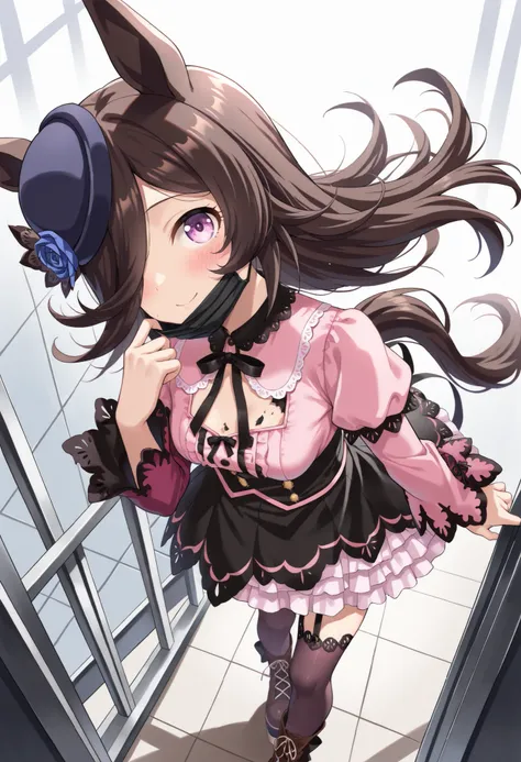 (masterpiece, best quality, perfect face:1.4), wide angle, Rice shower \(umamusume\), brown hair, long hair, purple eyes, bangs, long bangs, long hair, small breasts, hair covering right eye, horse tail, horse ears, ear ornament, (hat), tail on the lower b...