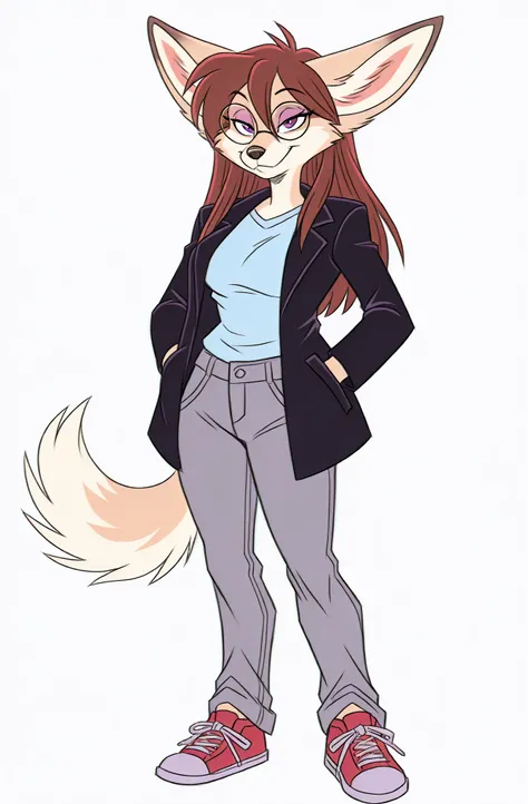 (solo), simple background, anime/manga style, best quality, high resolution, absurdres, BREAK, (adult), uploaded on danbooru, uploaded on e621, [by rick griffin:0.5], by vivziepop, female, anthro fennec fox, solo), (medium-length straight hair, brown hairs...