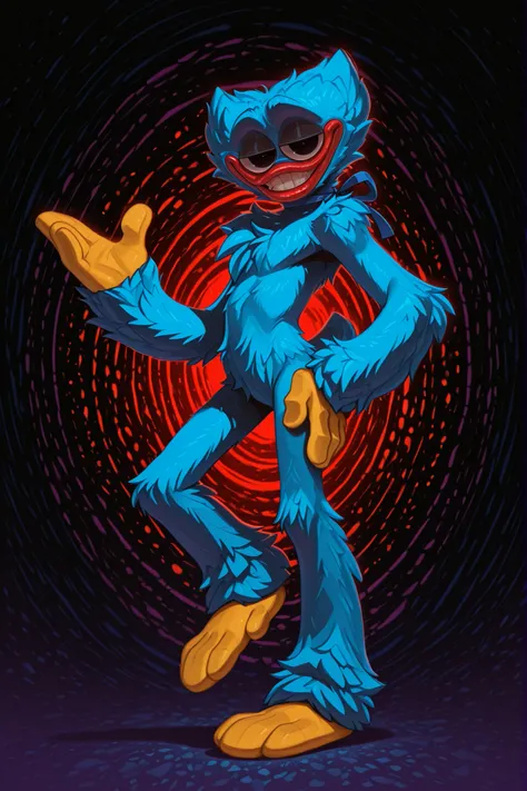 solo, 1boy, male, huggy_wuggy, blue fur, yellow hands, yellow feet, handfeet, lanky, tall, red lips, black eyes, very large eyes, half-closed eyes, eye bags, fluffy body fur, fluffy, broad shoulders, blue body, narrow waist, long arms, chest tuft, shoulder...