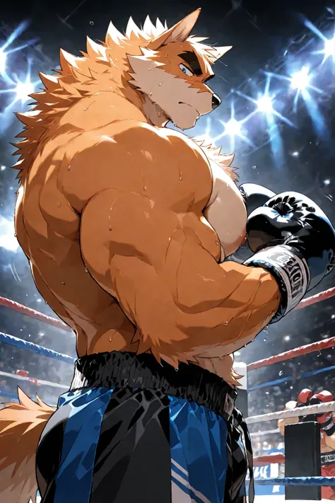 Otake Takemoto powerful boxing champion， male，furry，orange fur，very thick veiny heavy muscular，sharp blue eyes，thick eyebrows，heavy wait boxing champion，wearing navy boxing groves， wearing black boxing shorts with blue side lines，Frontal image，coldly looki...