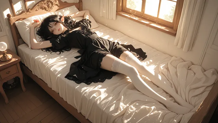 (solo) , irresistible seductive wide pants , wide chest stretch , black hair orb , horsetail , fluffy hair , pointy ears , beautiful face , big eyes sparkle yellow , smooth white skin with soft light , pink lips , slim legs , perfect body curves , black ma...