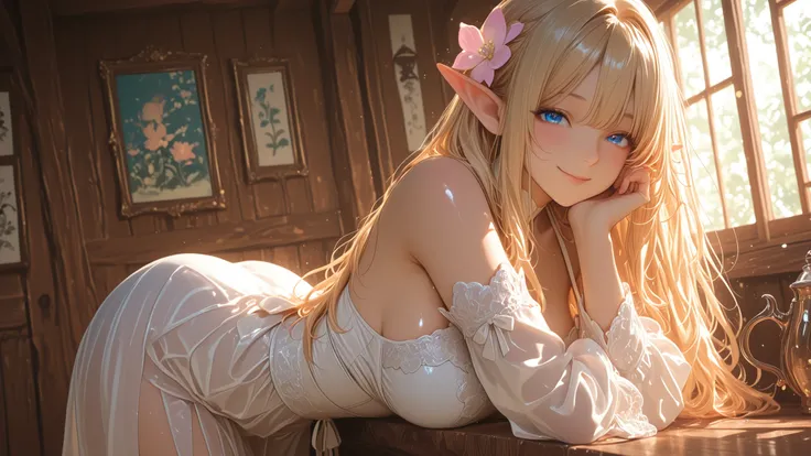 solo , shiny skin , Wonderful Fairy Wine Bar、Beautiful Elf、long pointed ears、sparkling blue eyes、sexy eyes , long blonde 、Traditional Japanese Style Pub Furniture、wooden counter、soft light、Ly sake、mischievous smile、Magic emulsion、 Antique clothing 、detaile...